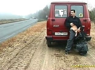Crazy whore sucks cock on the road